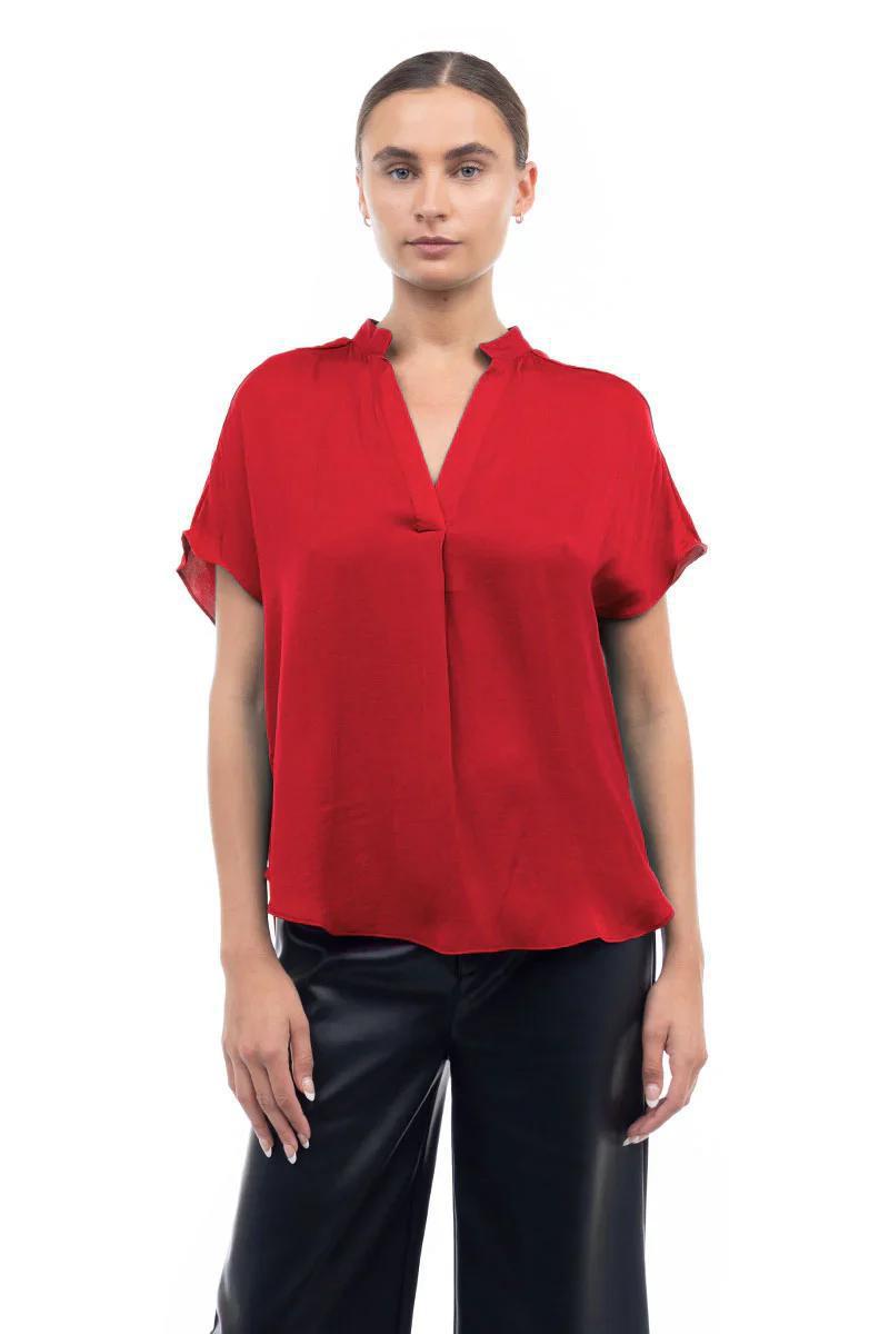 Drop Shoulder Short Sleeve V Neck Blouse - Scarlet