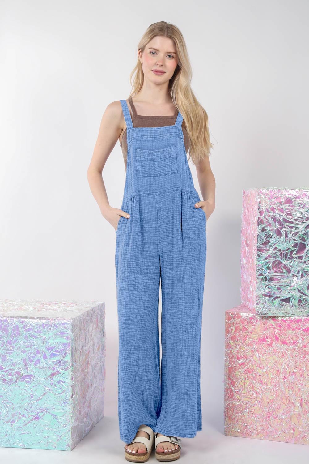 Blue Washed Gauze Casual Comfy Jumpsuit