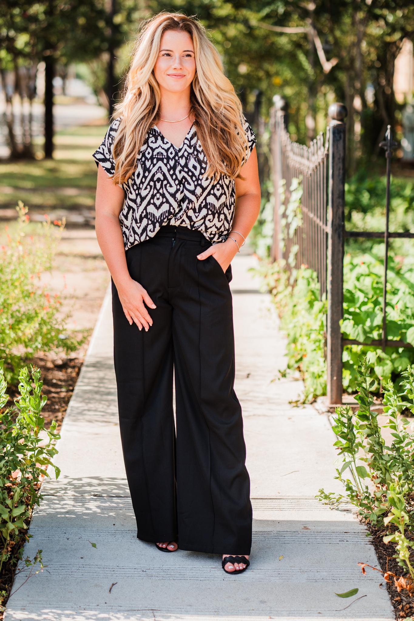 Black Drop Shoulder V-Neck Print Woven Top