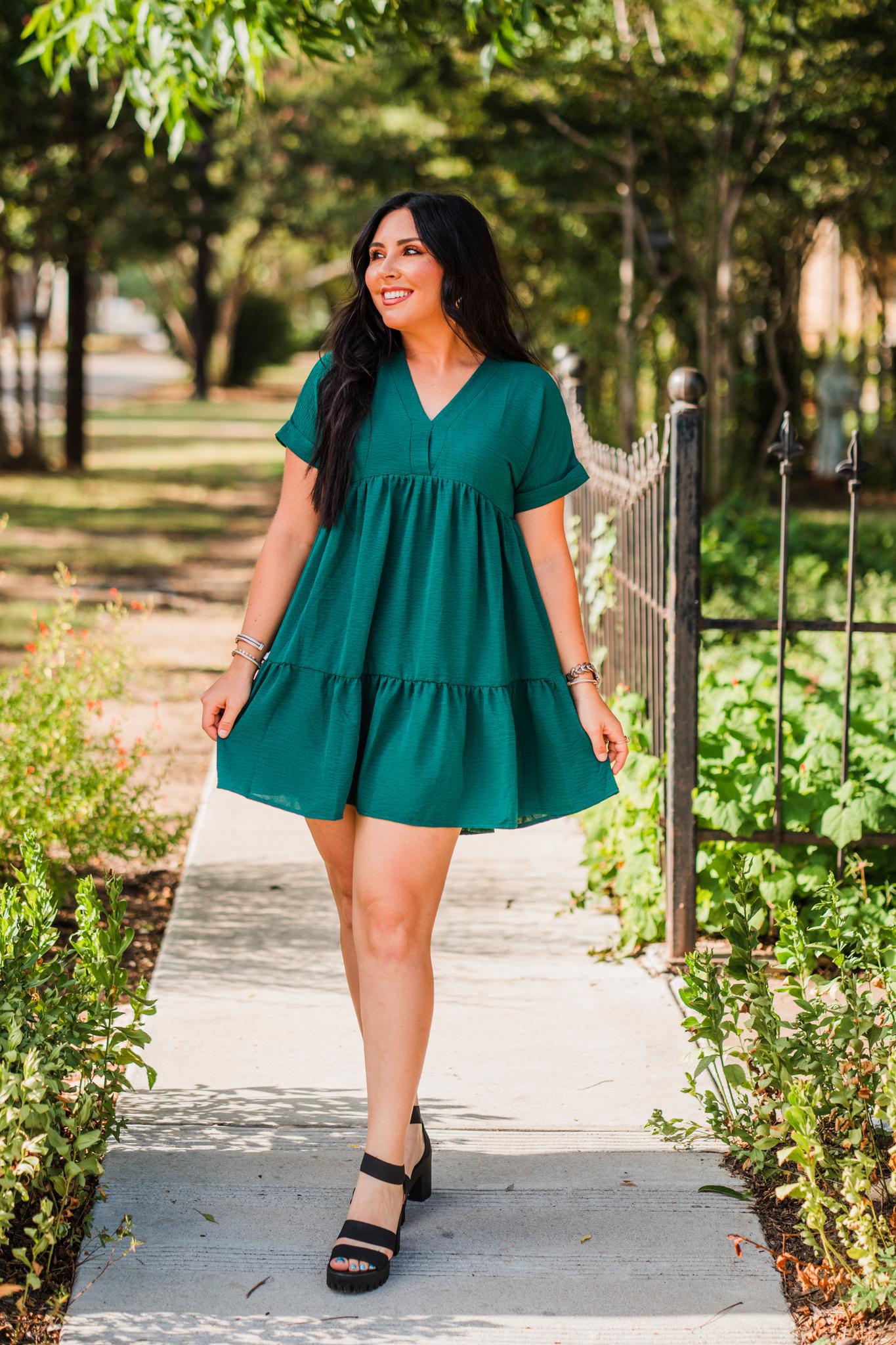 Green Drop Shoulder Woven Dress