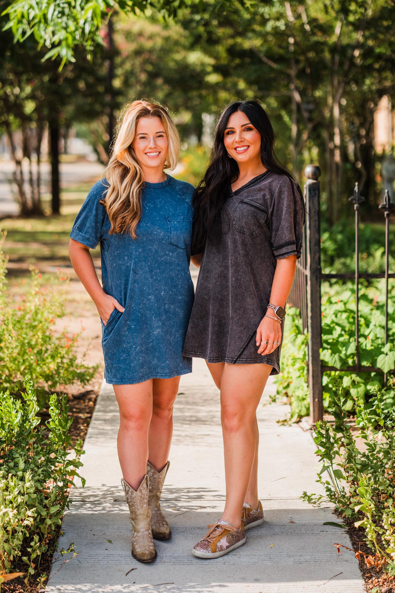 Denim Blue Crew Neck Oversized Washed Knit Dress