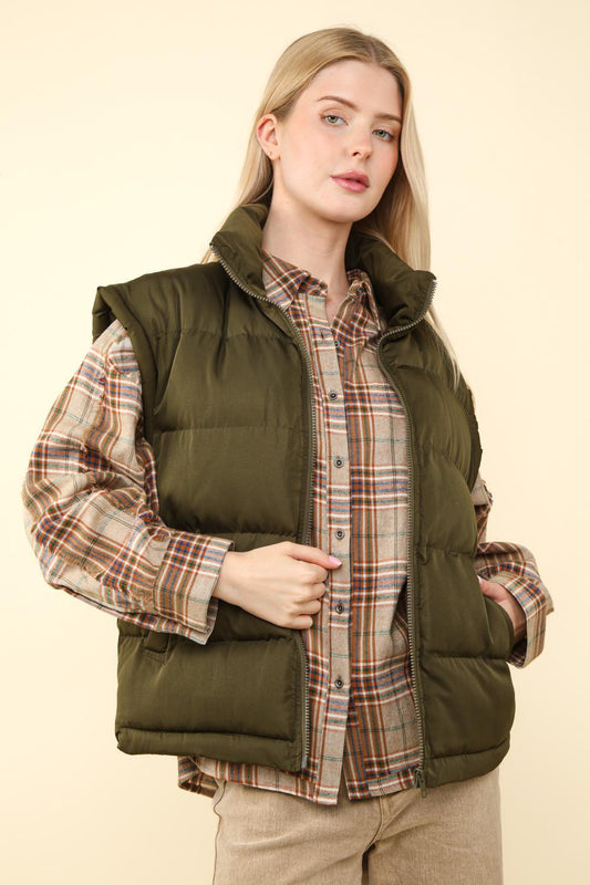 Olive High Neck Casual Comfy Puffer Vest