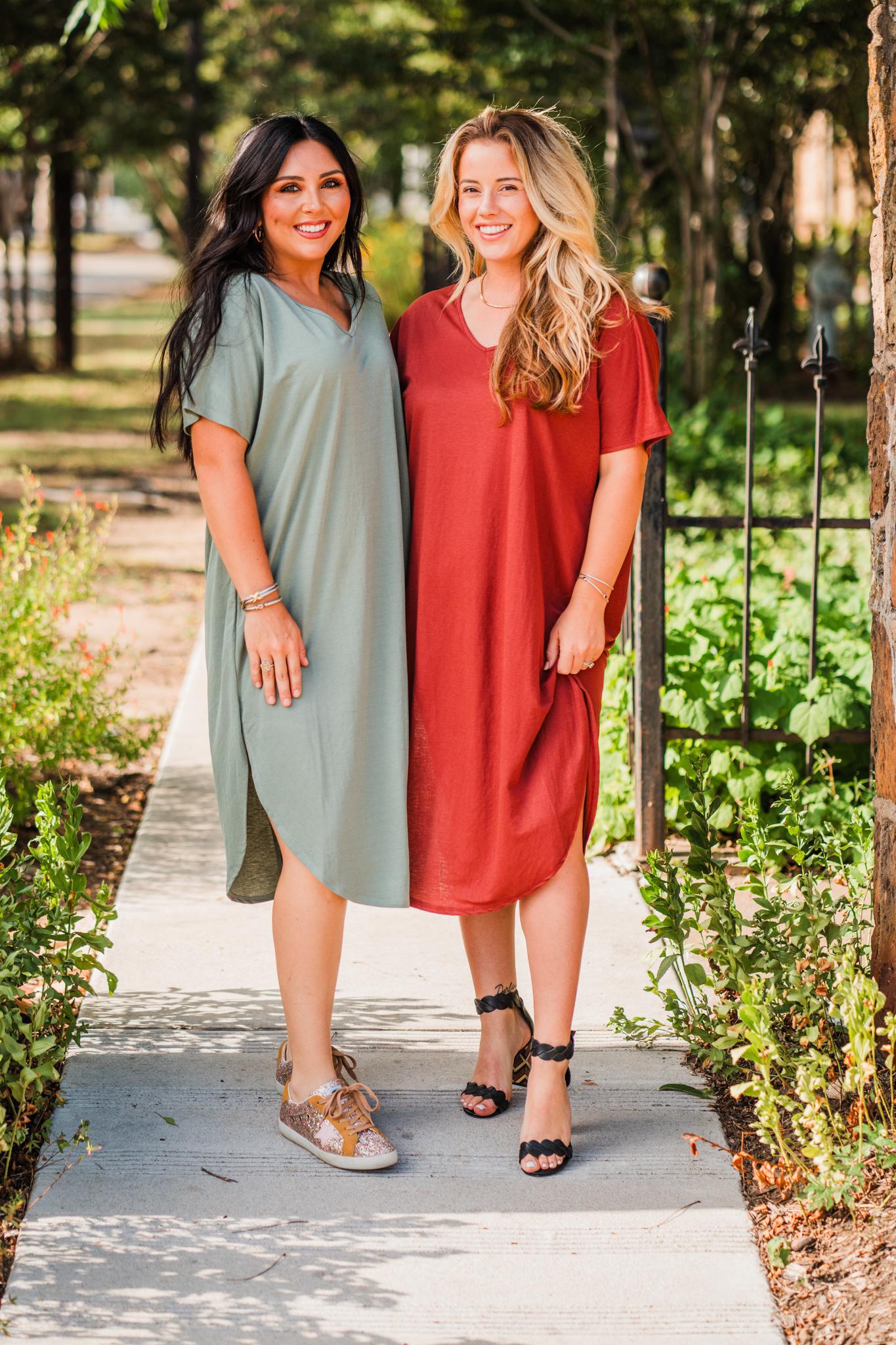 Red Brown V-Neck T-Shirt Dress