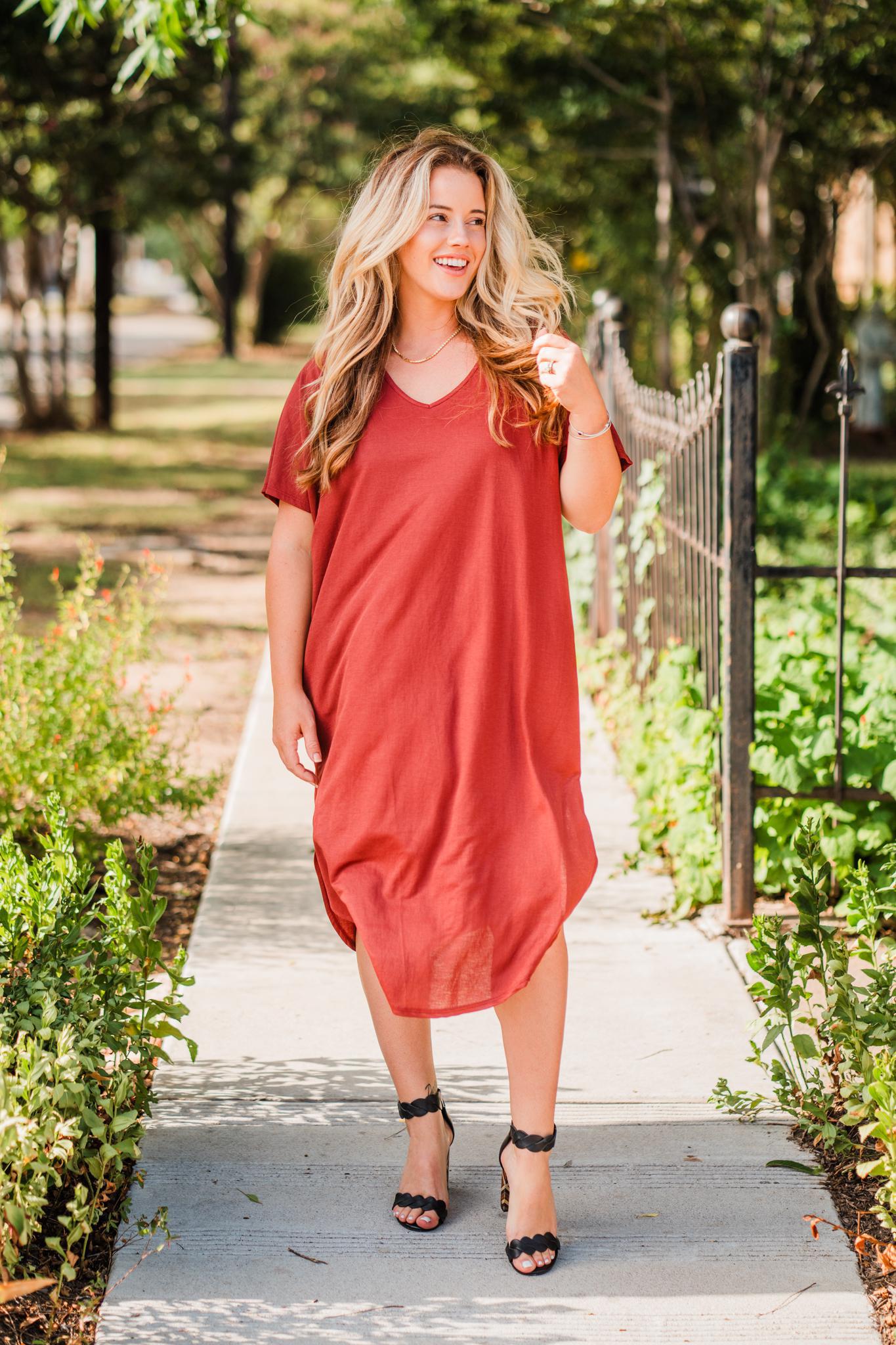 Red Brown V-Neck T-Shirt Dress