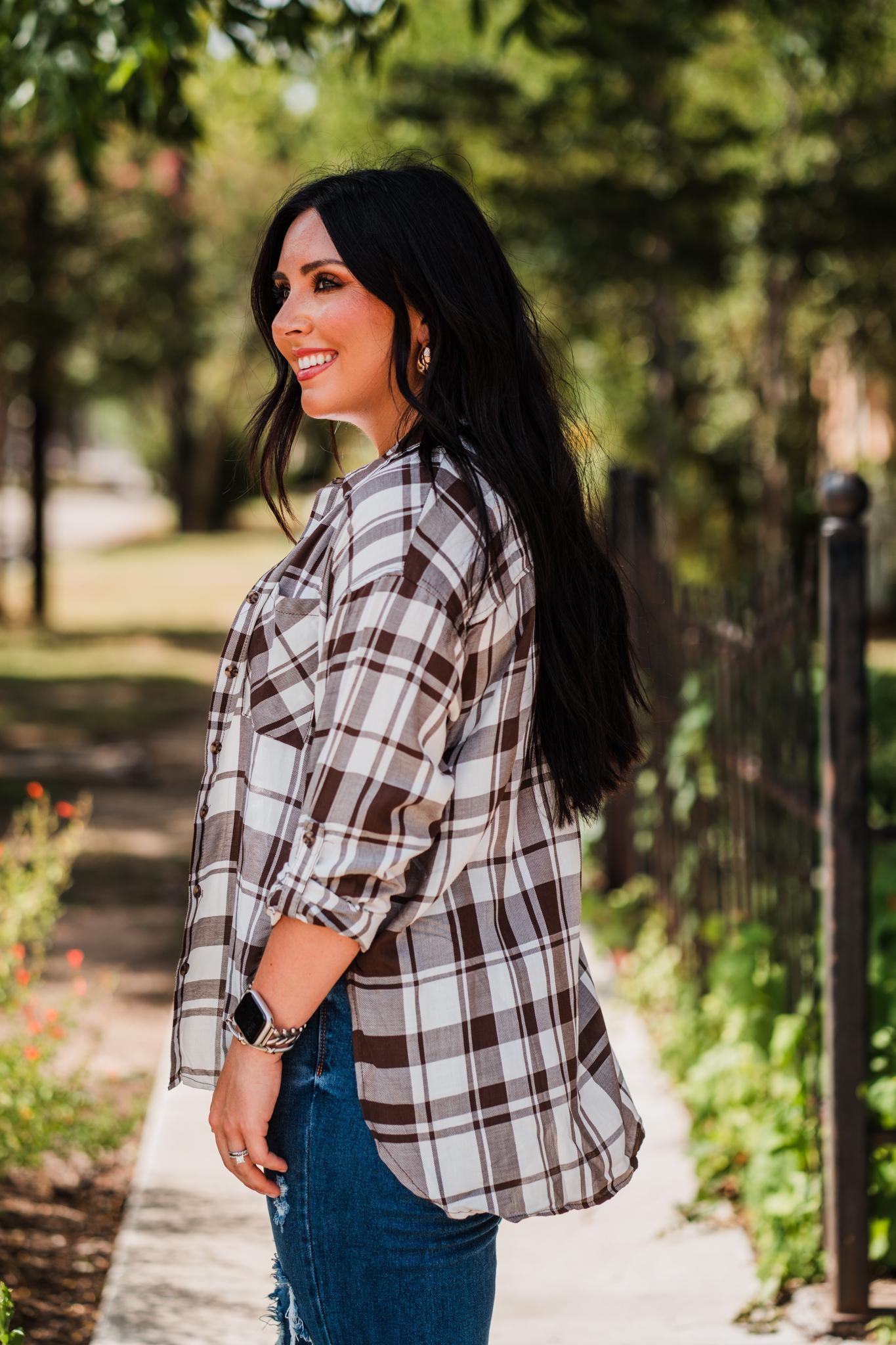 Brown and White Lightweight Plaid Button Shirt