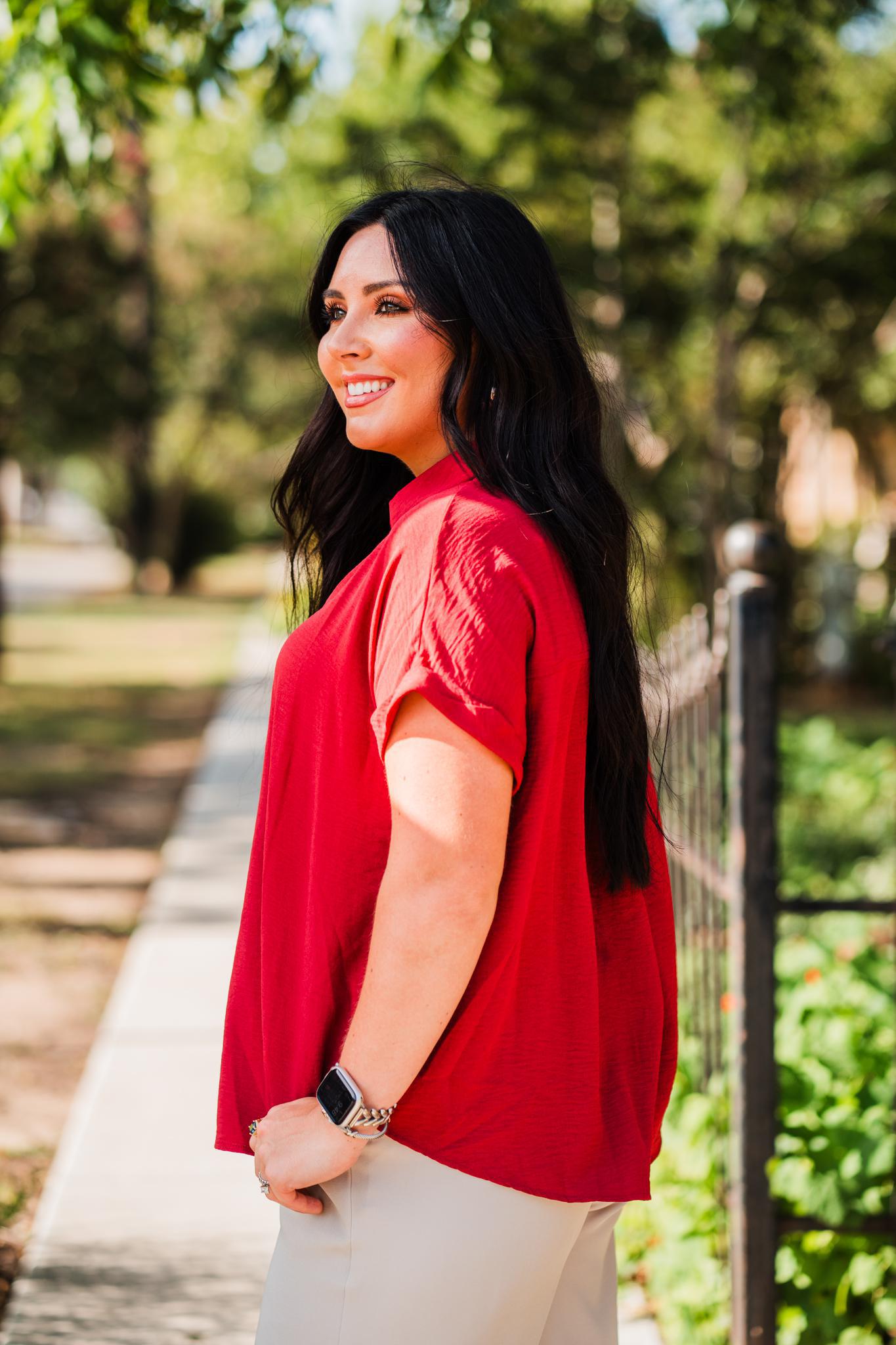 Red Brick Drop Shoulder Woven Top