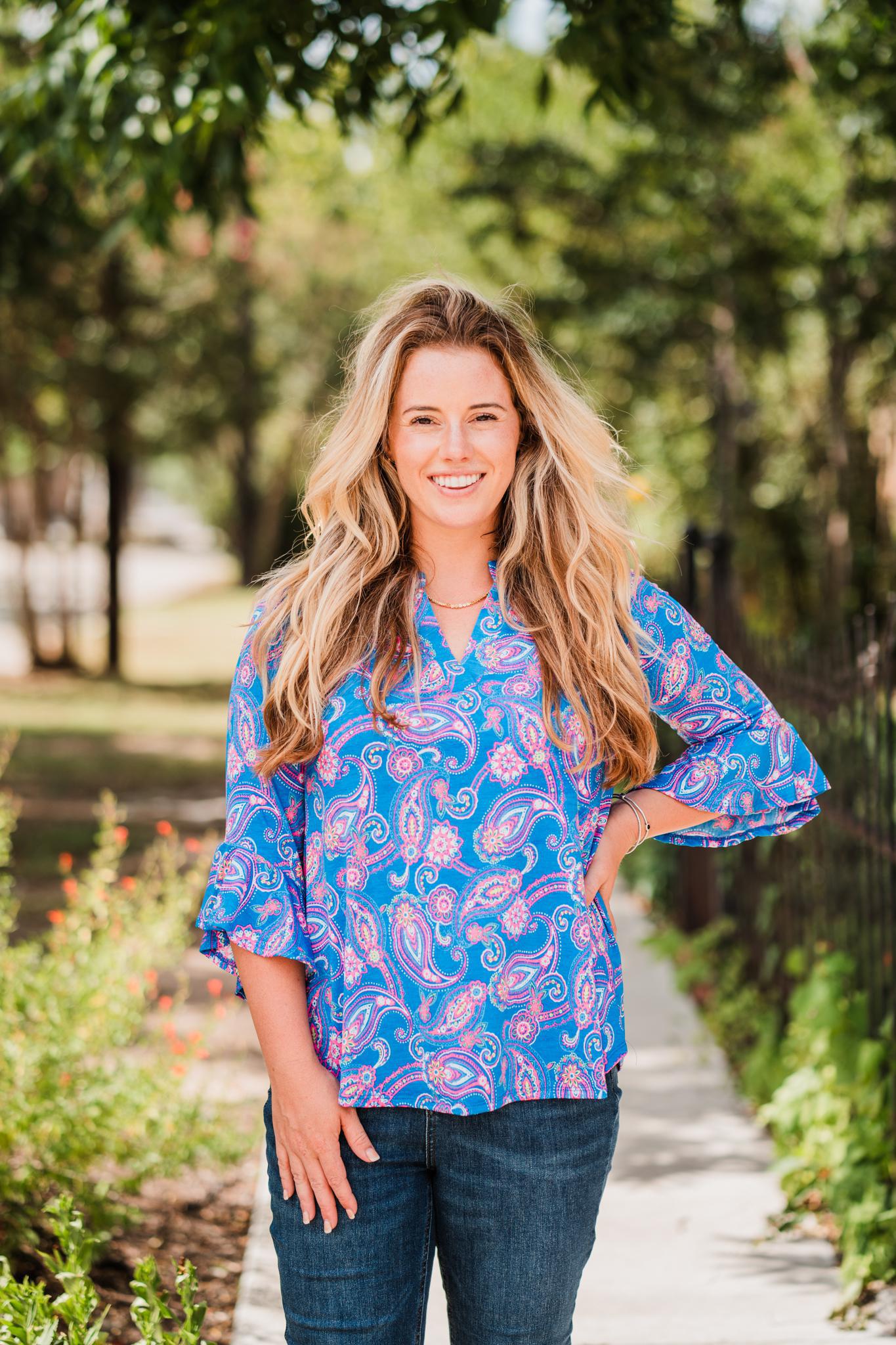 Dear Scarlett Royal Blue Medallion Print Bell Sleeve Top