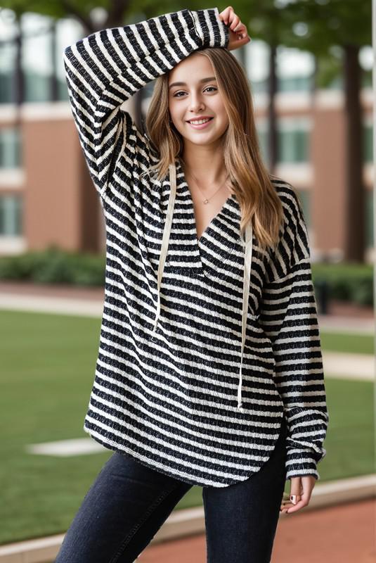 Black & Cream Long Puff Sleeve Stripe Hoodie Top