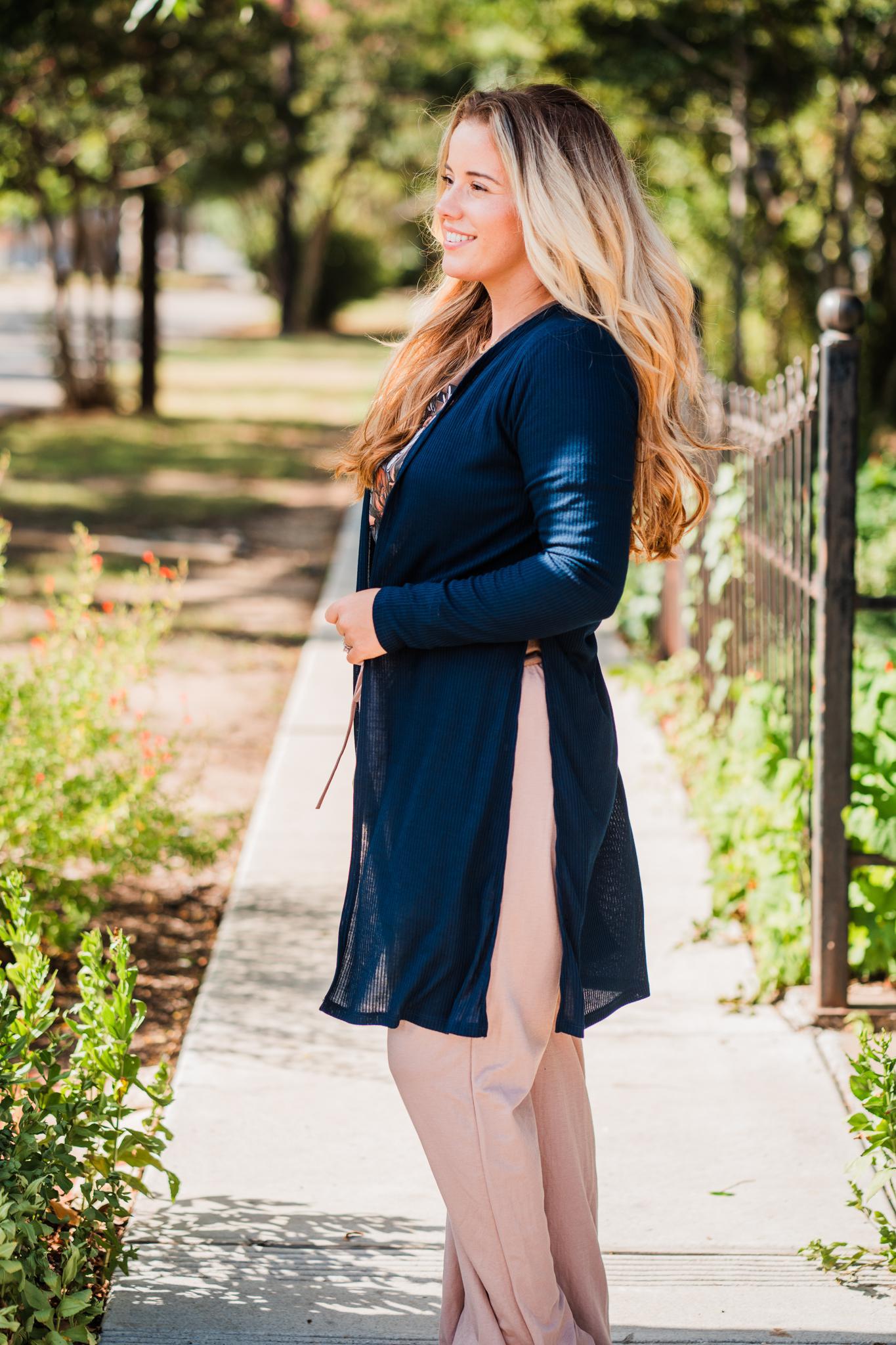 Navy Lightweight Ribbed Long Sleeve Spring Duster