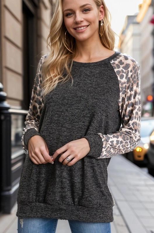 Charcoal Top With Leopard Contrast Sleeves