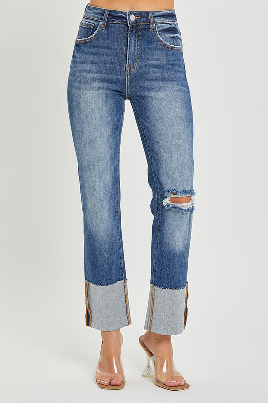 Risen High Rise Ankle Straight Wide Cuffed Jeans
