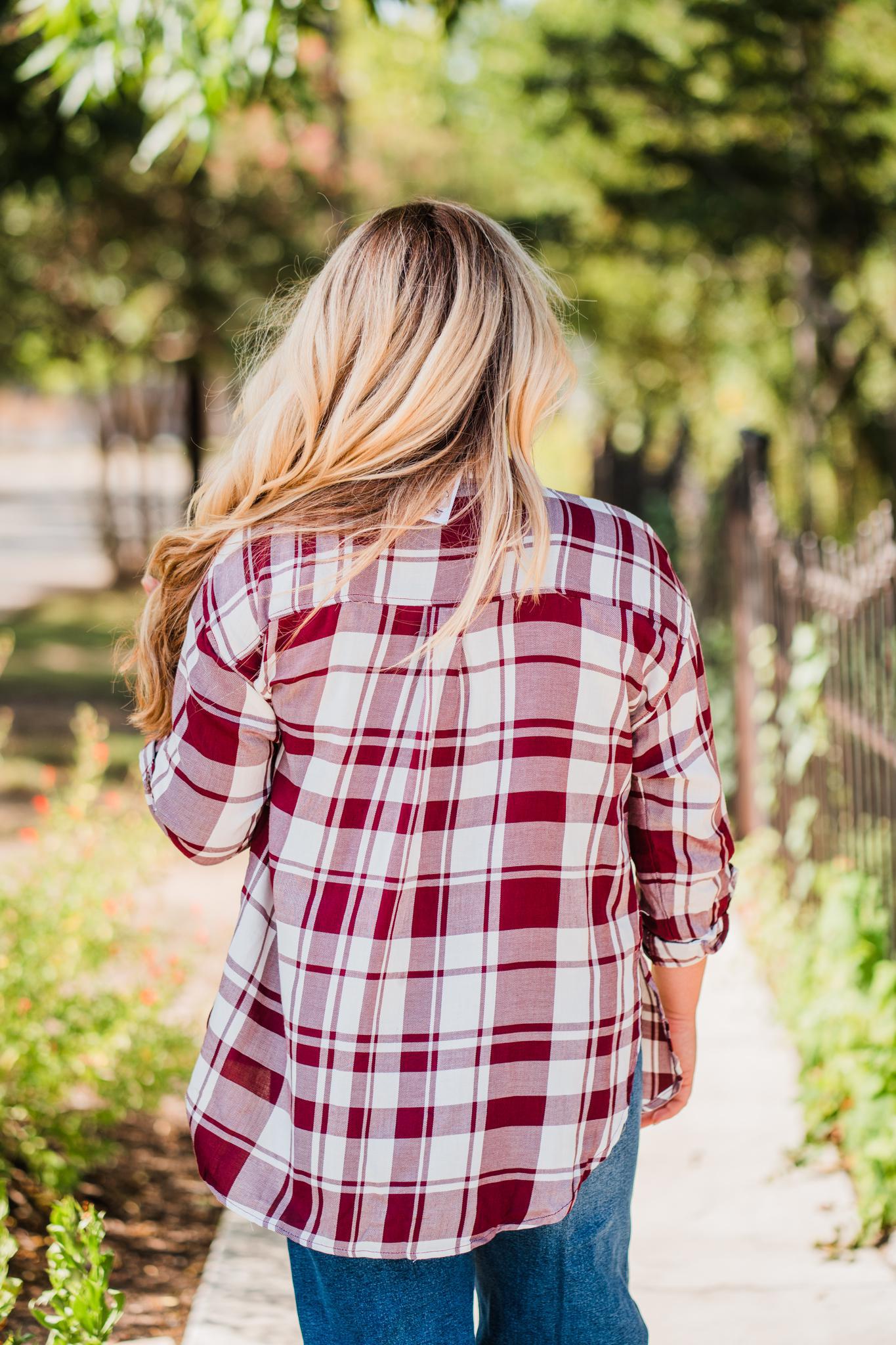 Burgundy and White Lightweight Plaid Button Shirt