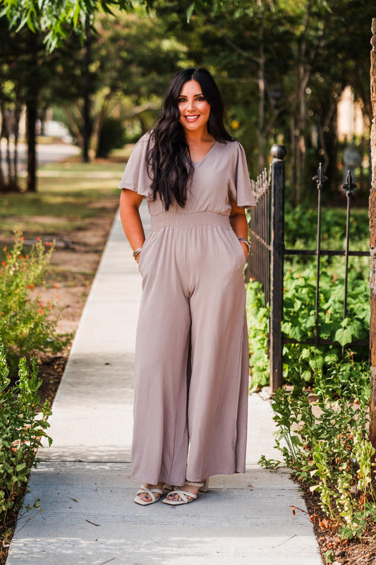 Mocha Flounce Smock Woven Jumpsuit