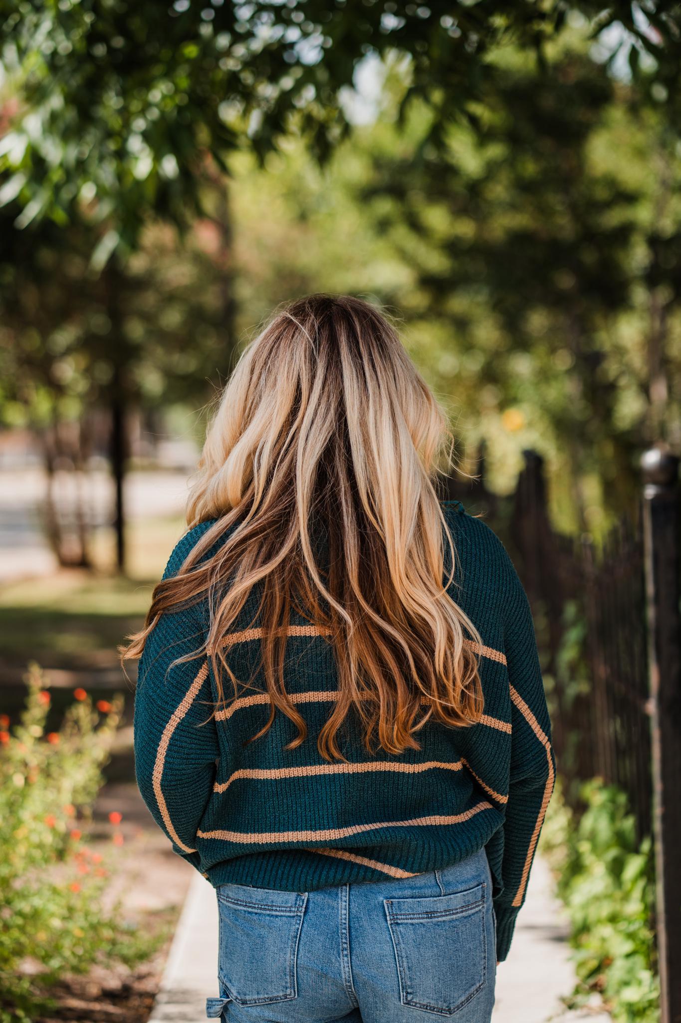 Teal Green & Mocha Lightweight Striped Sweater by Wishlist