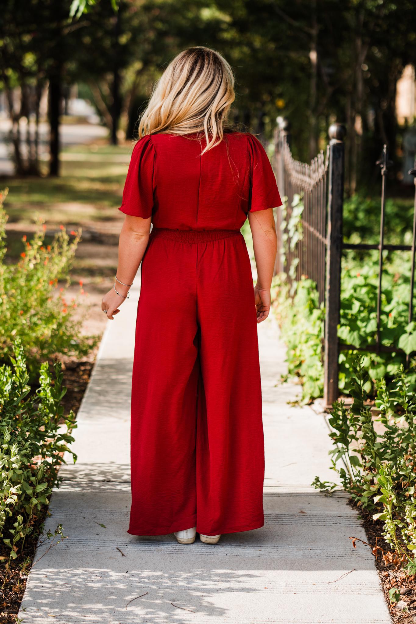 Red Brick Flounce Smock Woven Jumpsuit