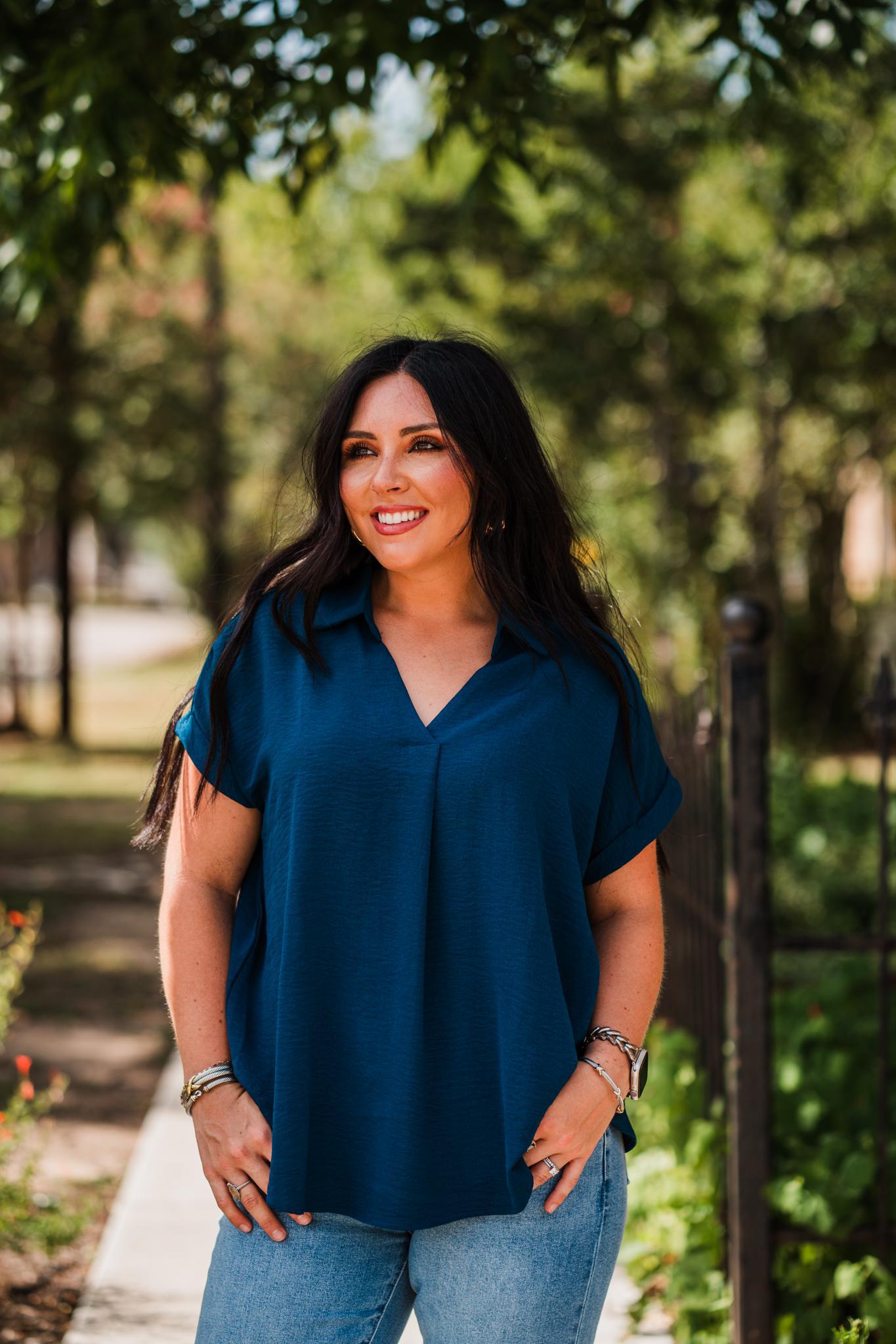 Teal Blue Drop Shoulder Woven Top