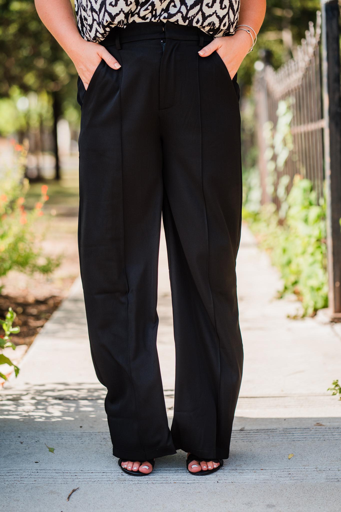 Black Wide Leg Woven Pants with PinTuck and Side Pockets