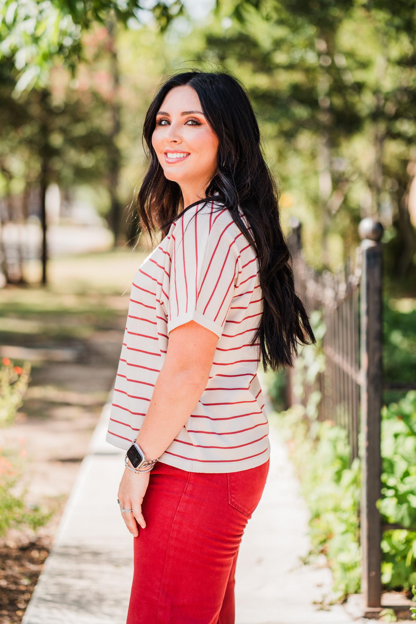 Stone & Red Bean Striped Boxy Lightweight  Sweater by Wishlist