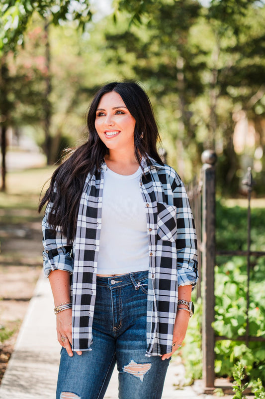 Black & White Oversized Plaid Button Flannel Shirt