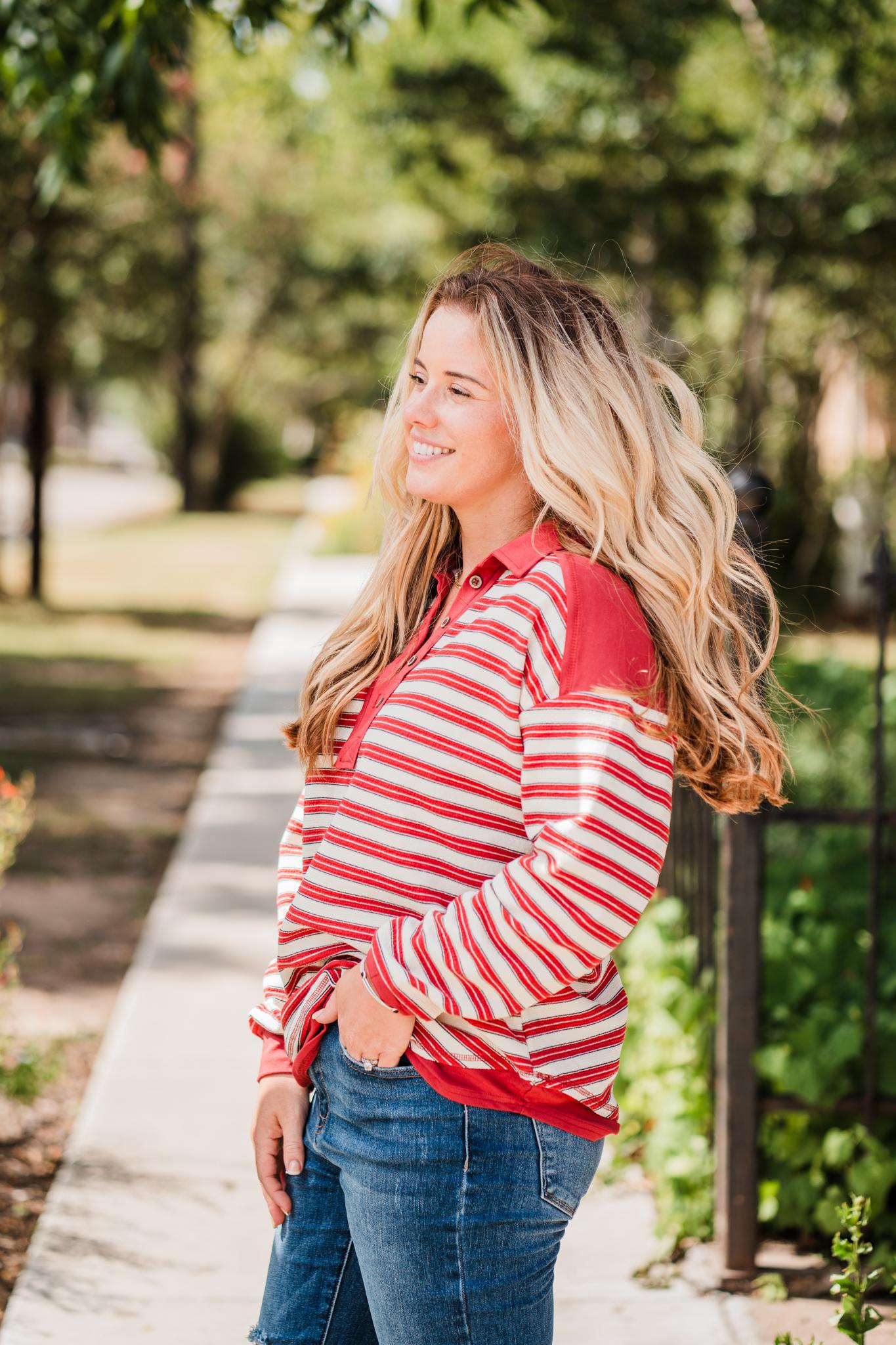 Red Oversized Casual Striped Knit Top by Very J