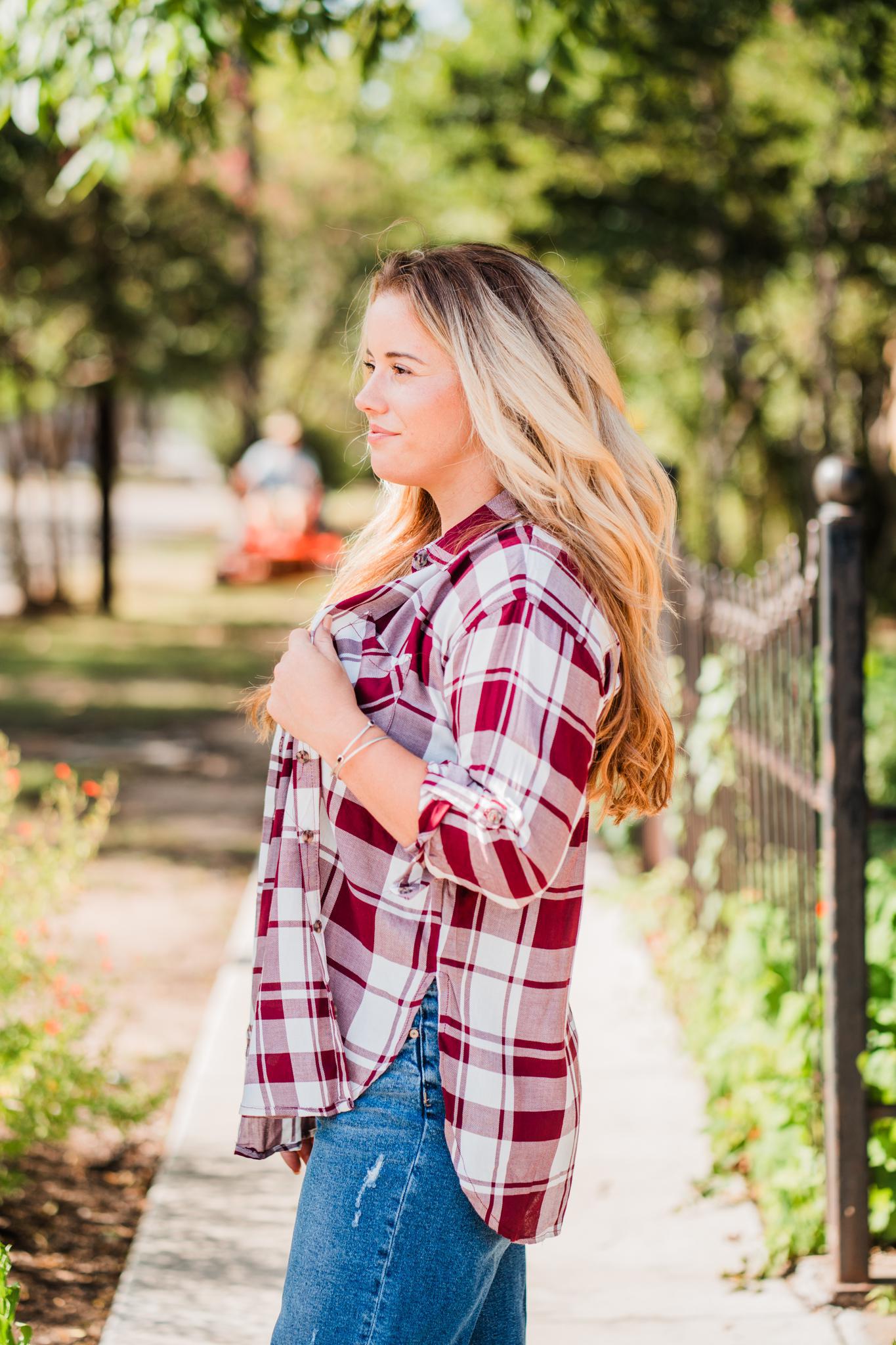 Burgundy and White Lightweight Plaid Button Shirt