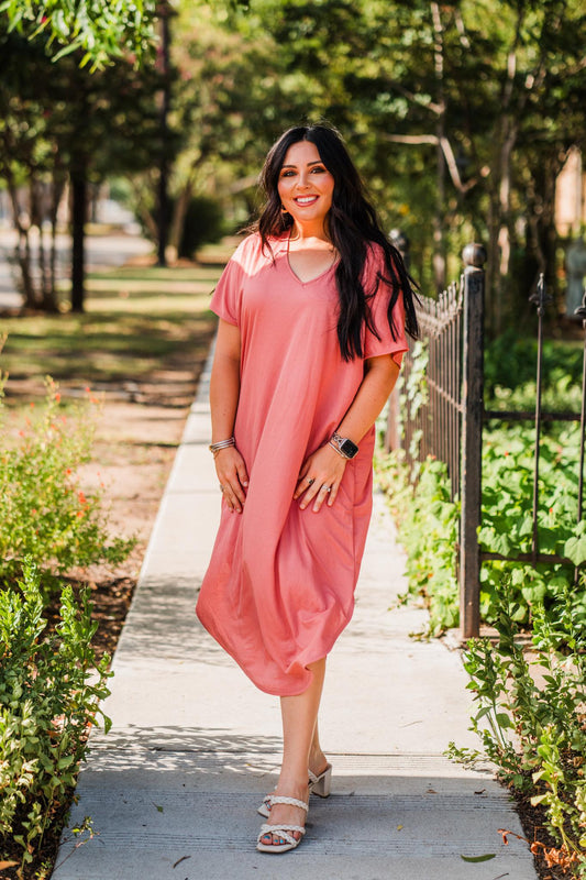 Salmon V-Neck Gabi Maxi T-Shirt Dress