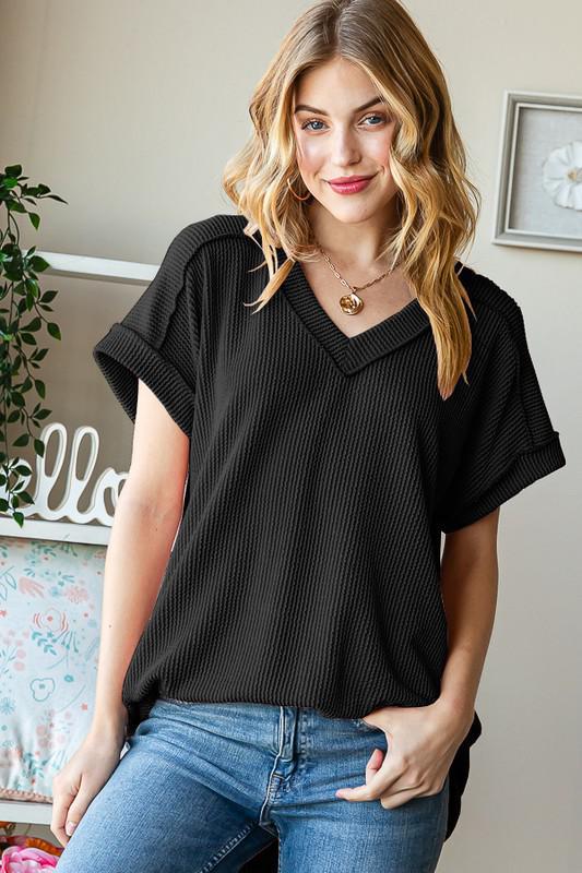 Black Solid Urban Ribbed Top