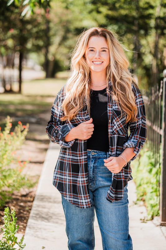 Black & Orange Oversized Plaid Button Shirt