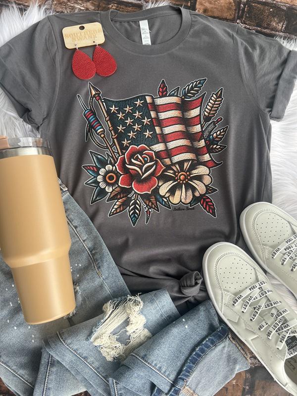 American Flag Floral Faux Embroidery Tee