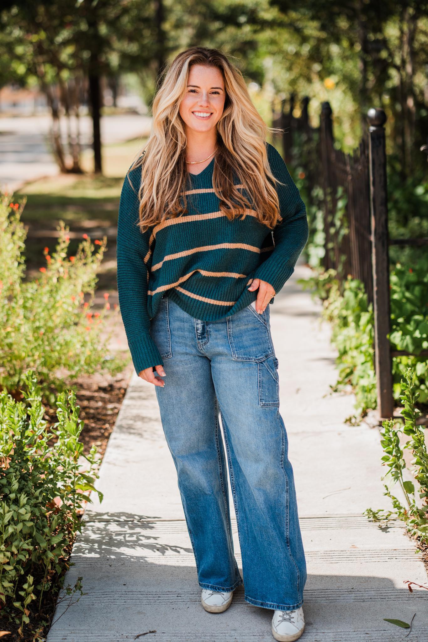 Teal Green & Mocha Lightweight Striped Sweater by Wishlist