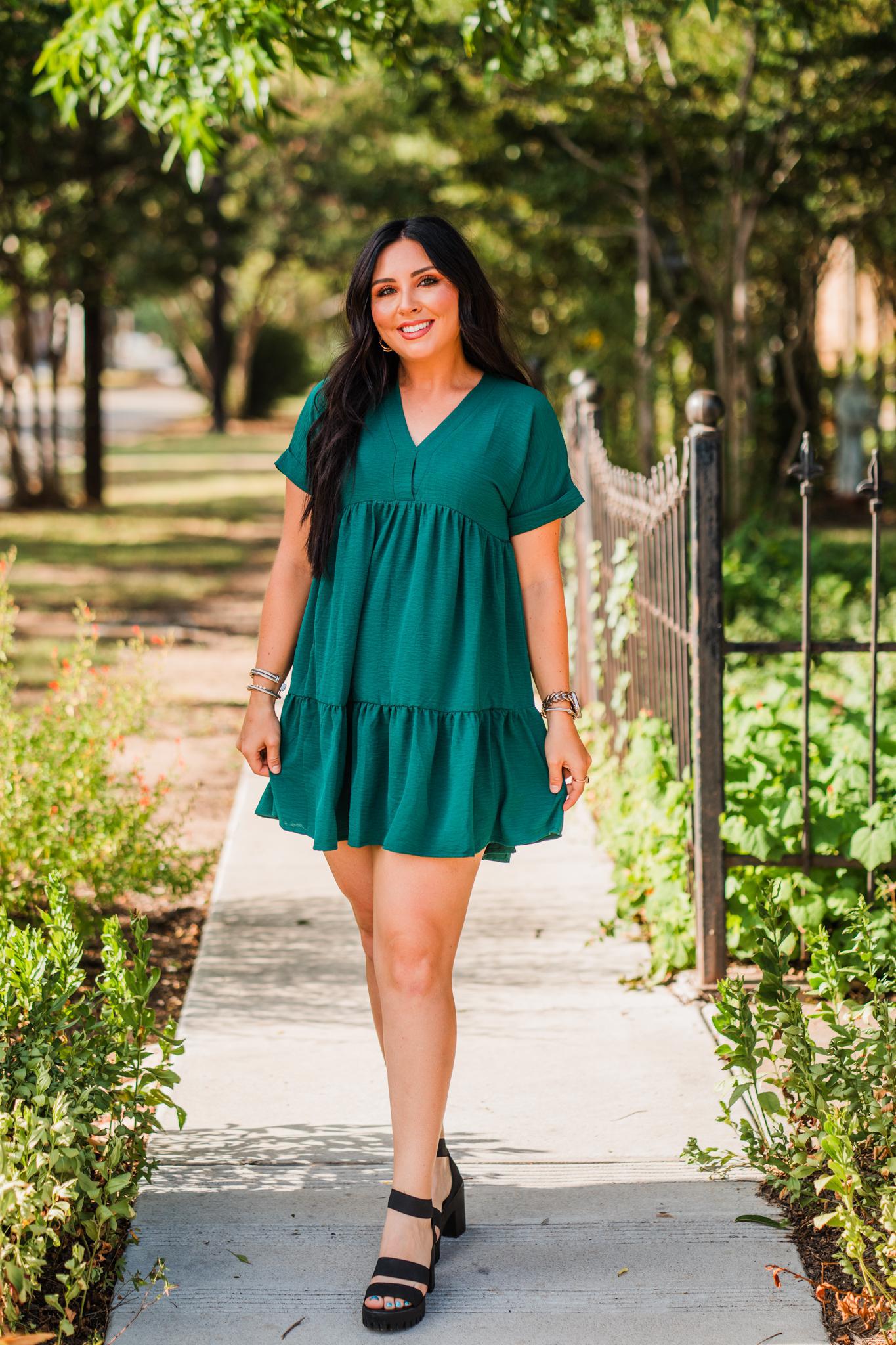 Green Drop Shoulder Woven Dress