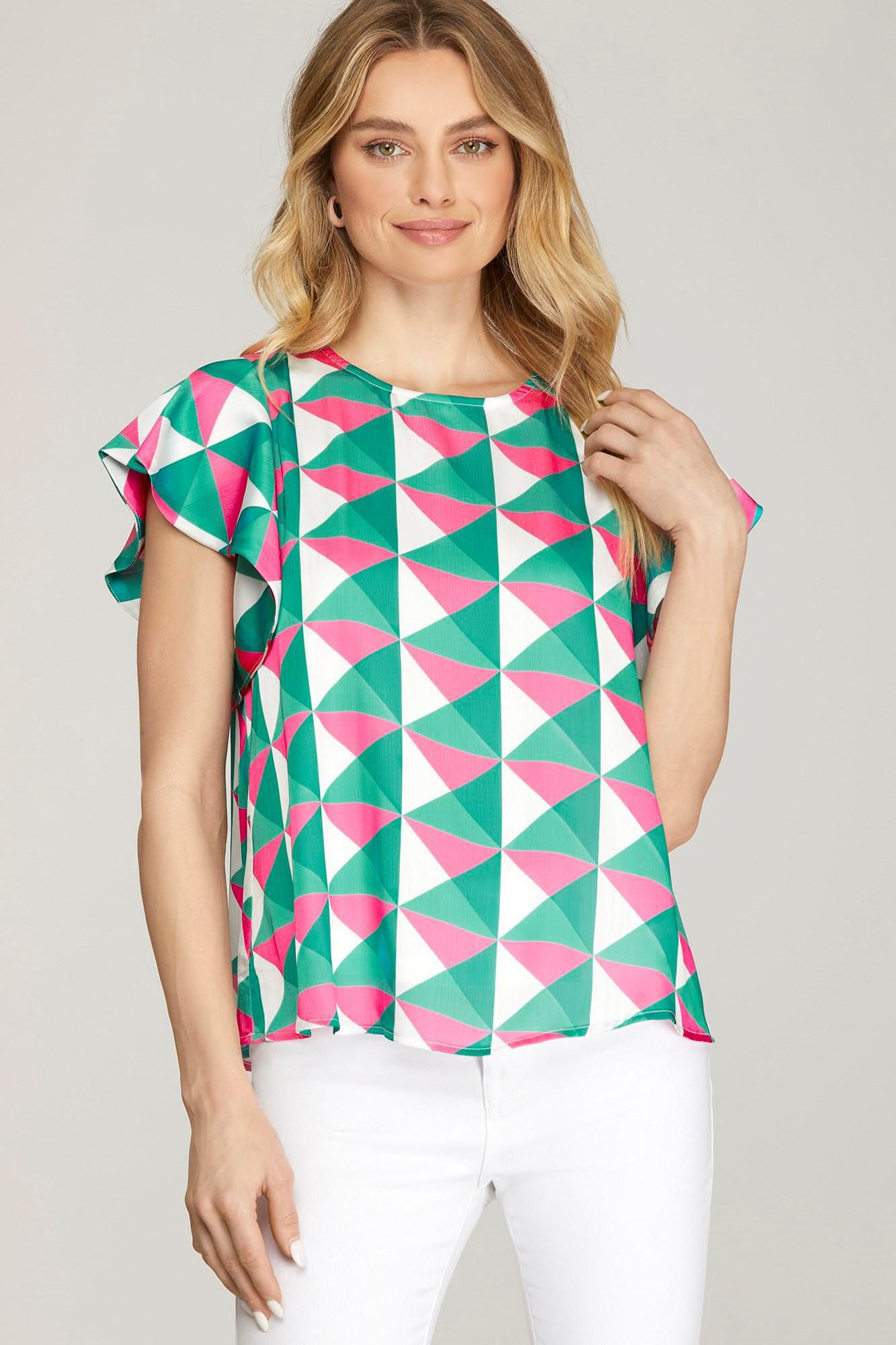 Green & Pink Flutter Sleeve Woven Top