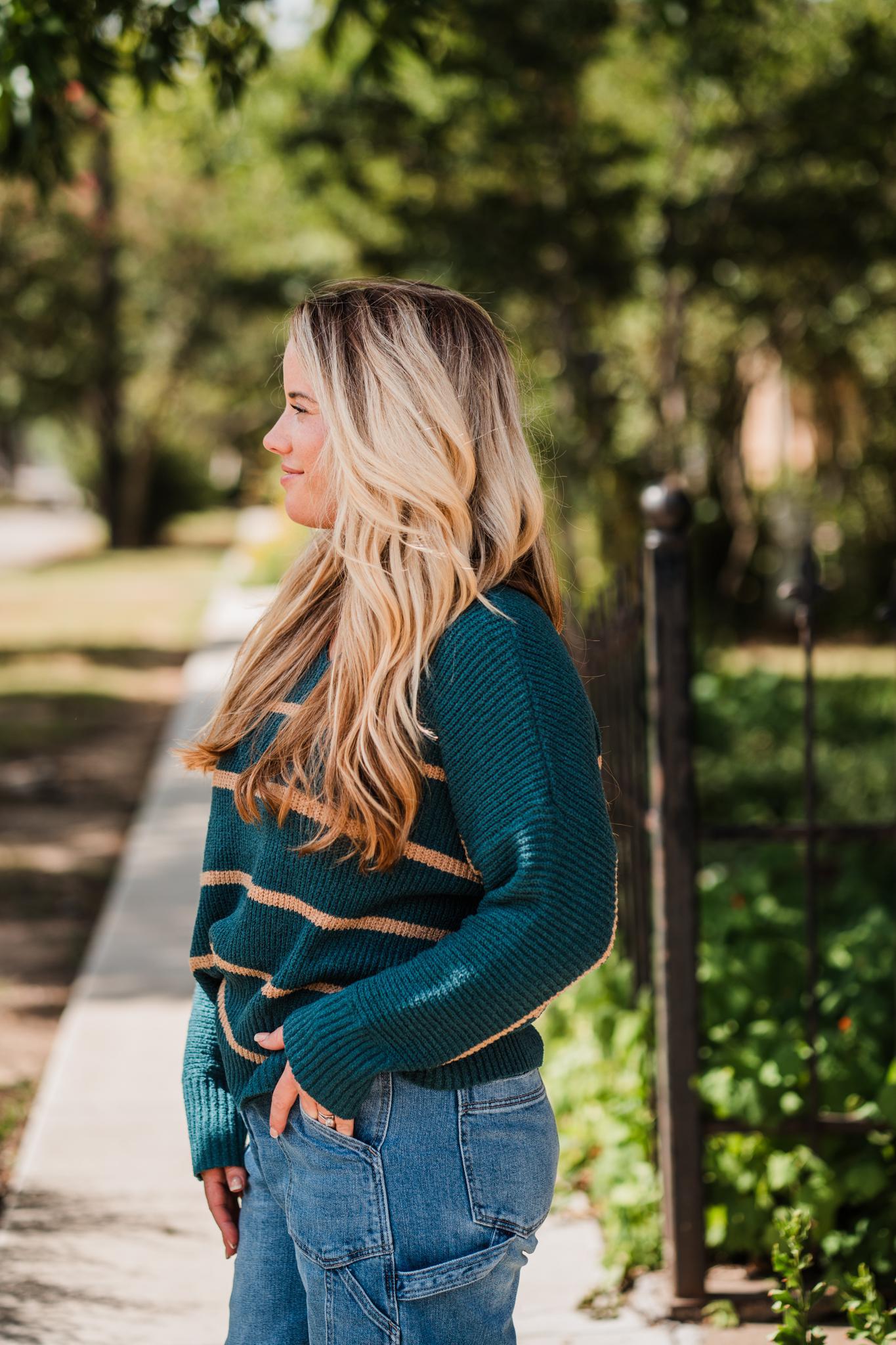 Teal Green & Mocha Lightweight Striped Sweater by Wishlist