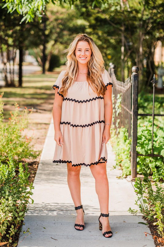 Taupe Flounce Sleeve Woven Tiered Dress