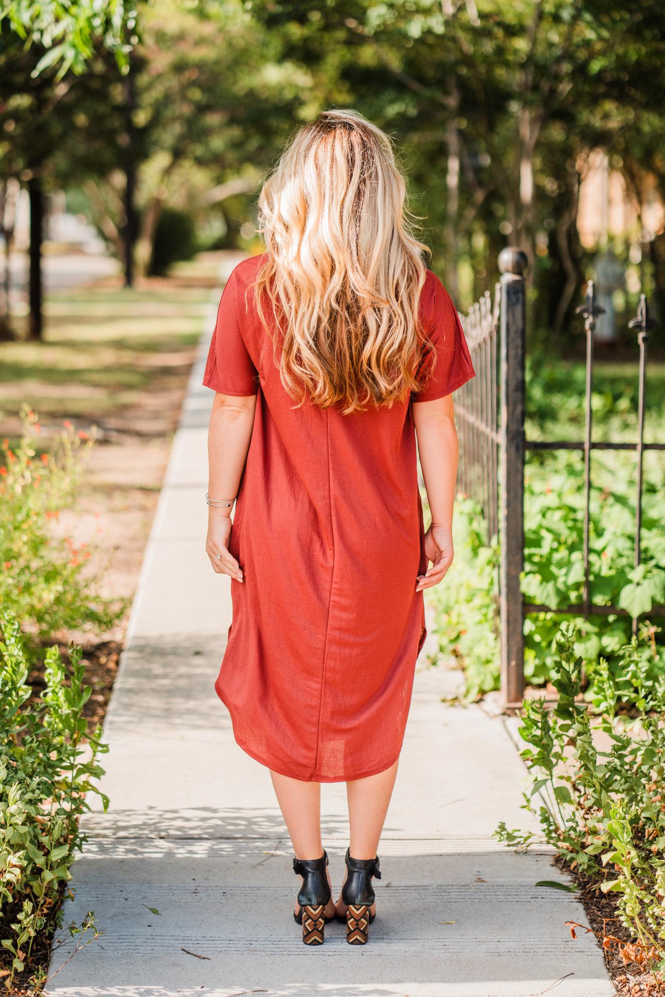 Red Brown V-Neck T-Shirt Dress