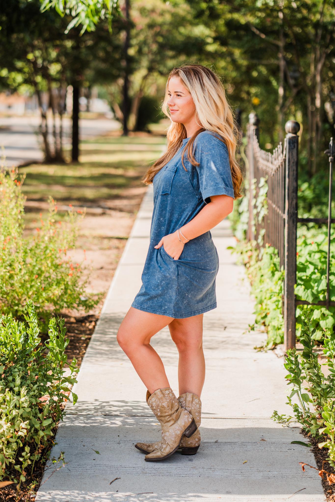 Denim Blue Crew Neck Oversized Washed Knit Dress