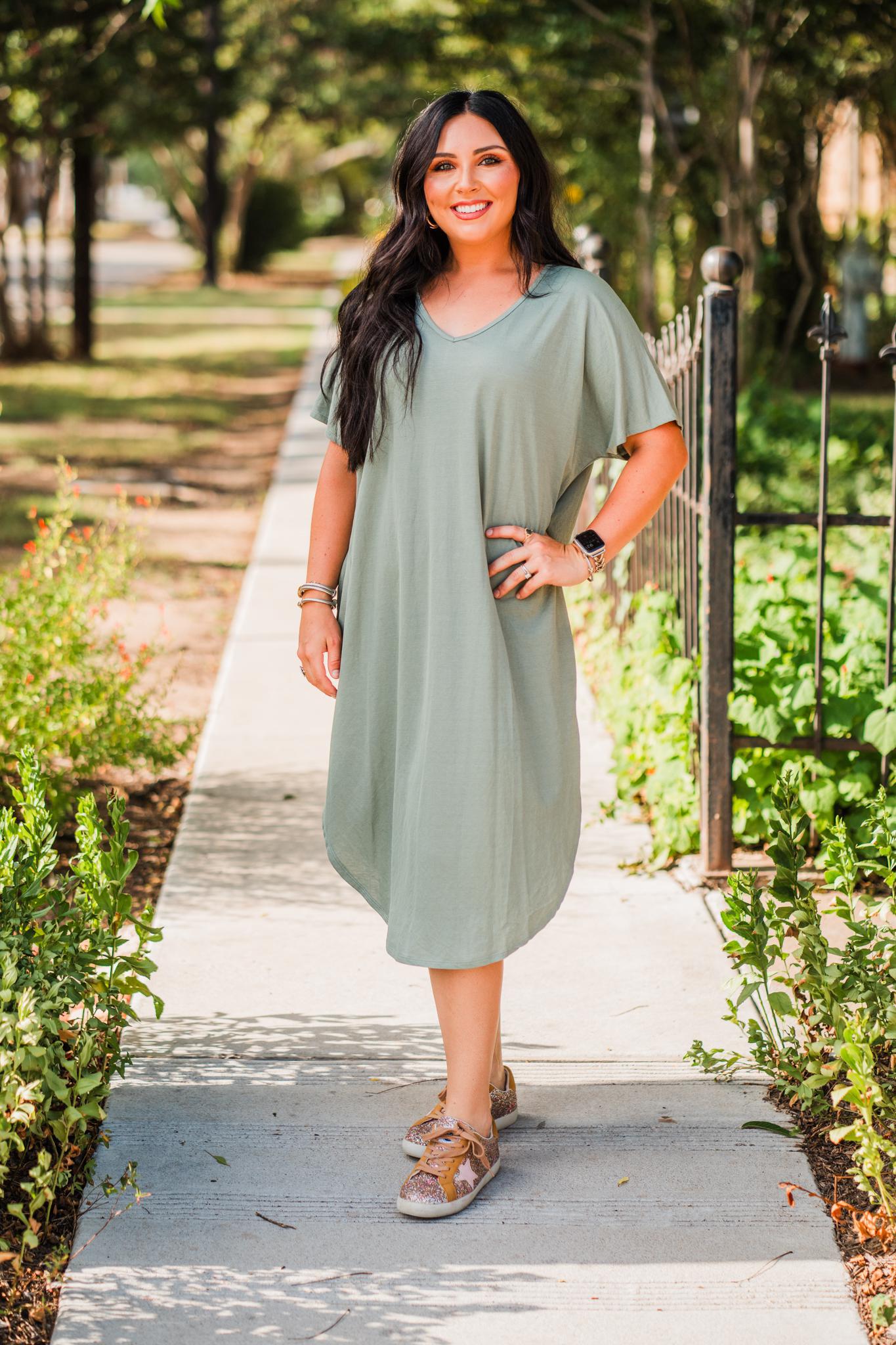 Sage V-Neck T-Shirt Dress