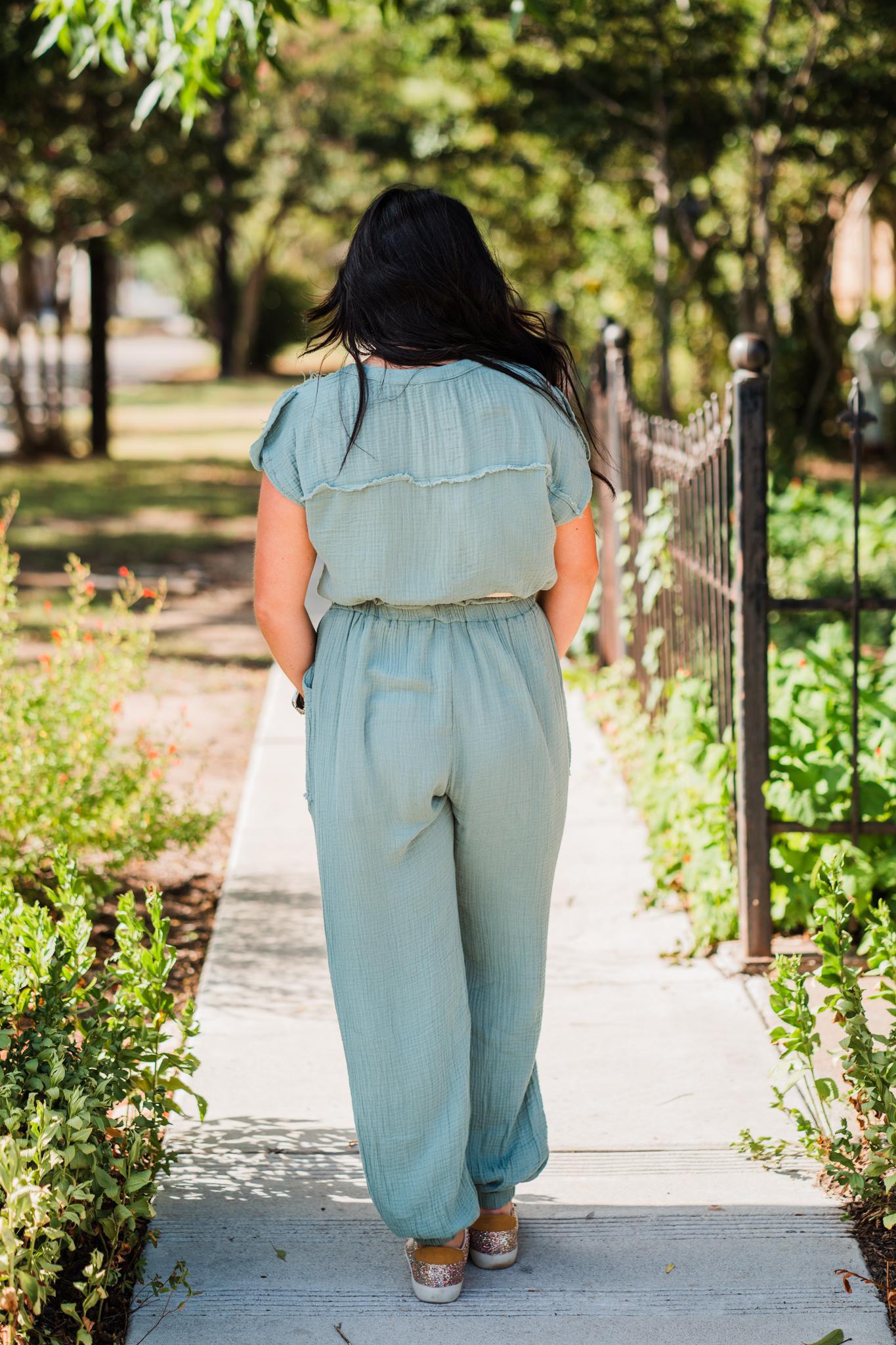 Ash Olive Gauze Patched Pockets Utility Jumpsuit