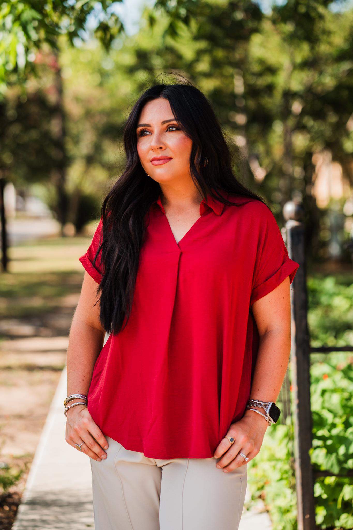 Red Brick Drop Shoulder Woven Top