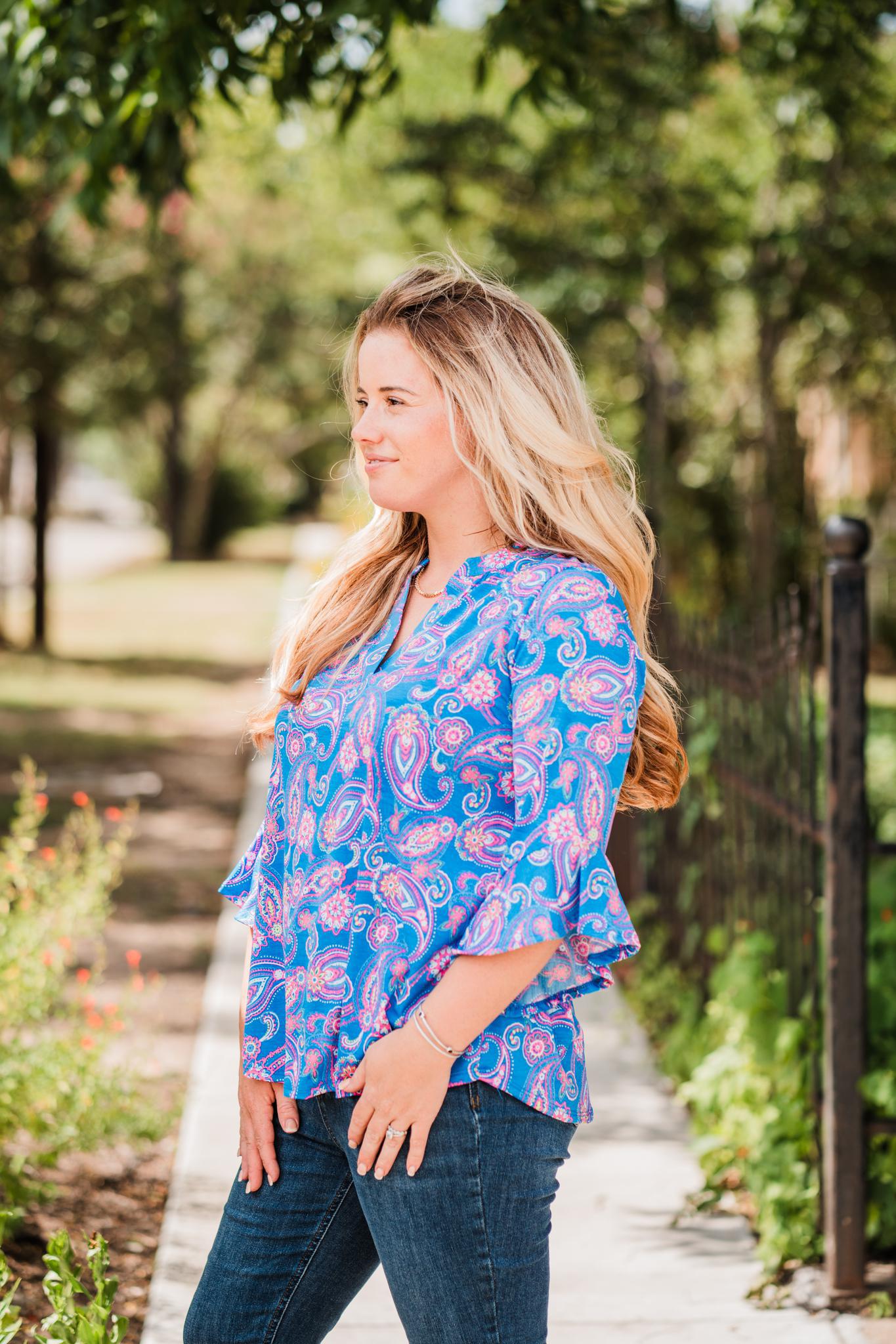 Dear Scarlett Royal Blue Medallion Print Bell Sleeve Top