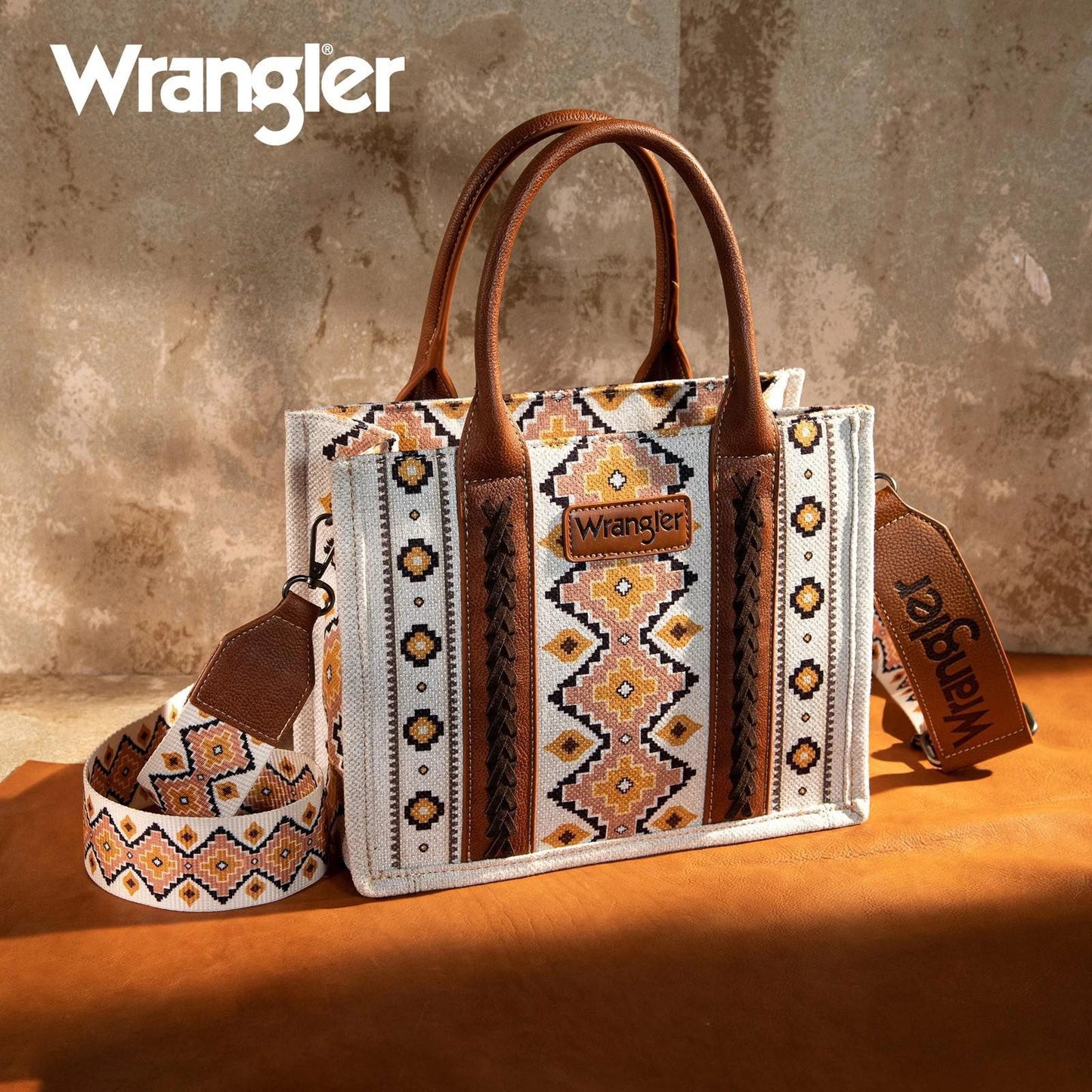 Light Coffee Southwestern Print Small Canvas Tote/Crossbody by Wrangler