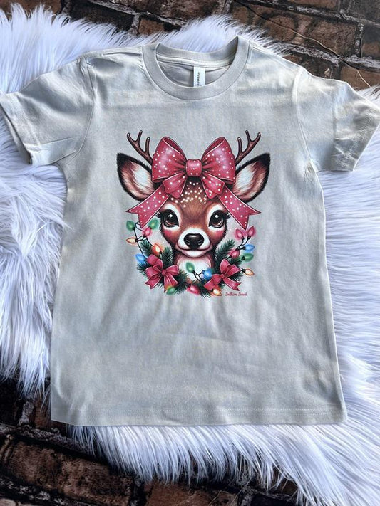 Youth Reindeer With Pink Bow Tee