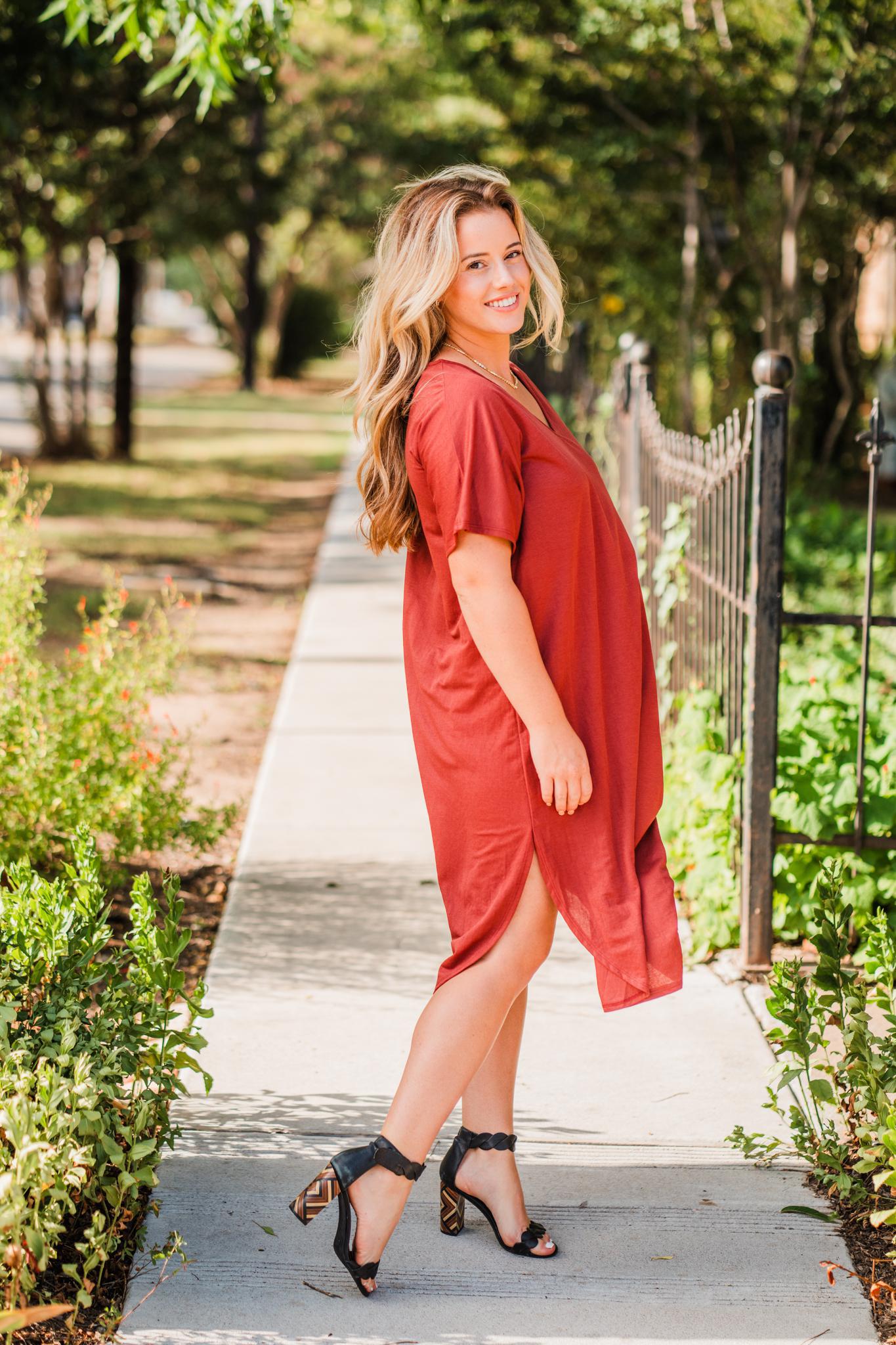 Red Brown V-Neck T-Shirt Dress