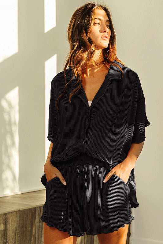 Black Accordion Pleated Button Down Short Set by BiBi