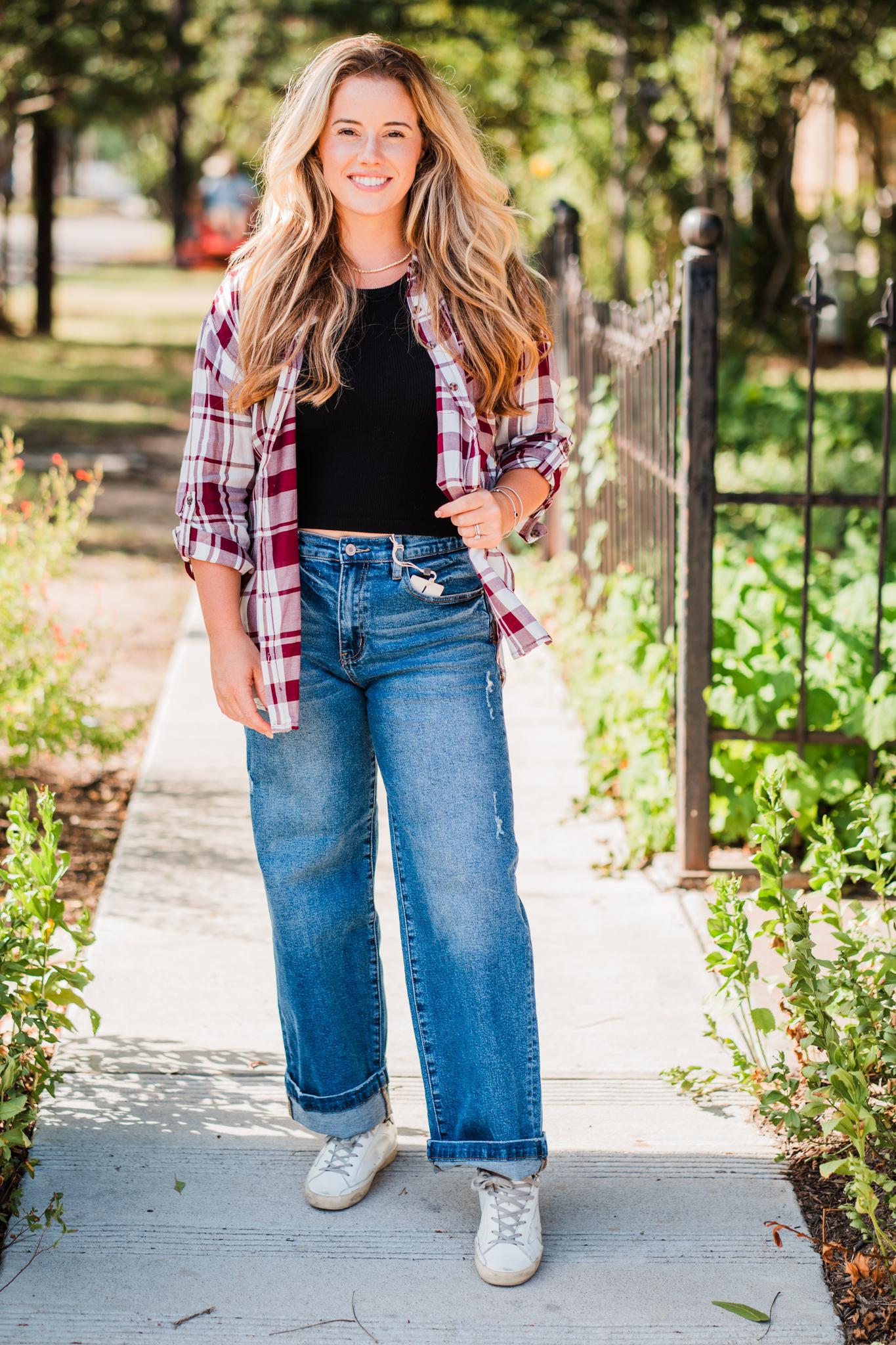 Burgundy and White Lightweight Plaid Button Shirt