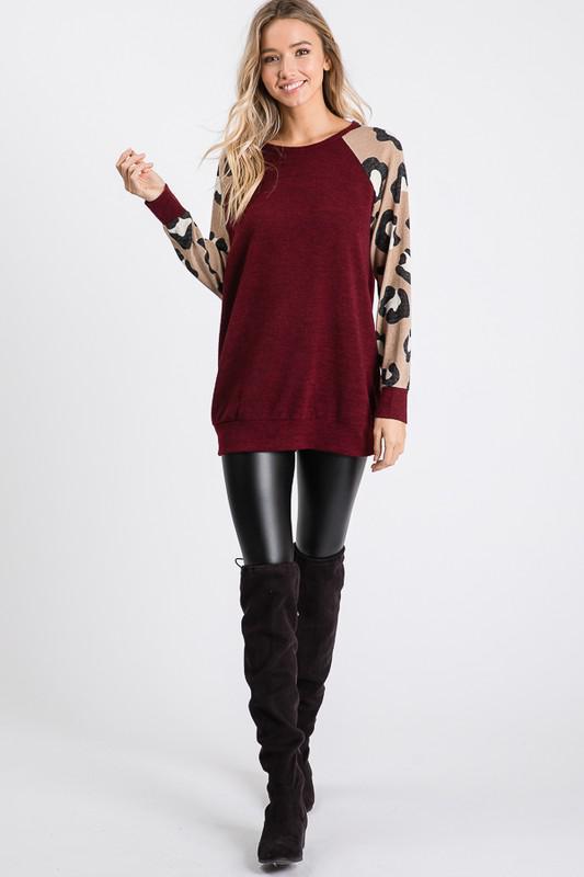 Burgundy Top With Leopard Contrast Sleeves