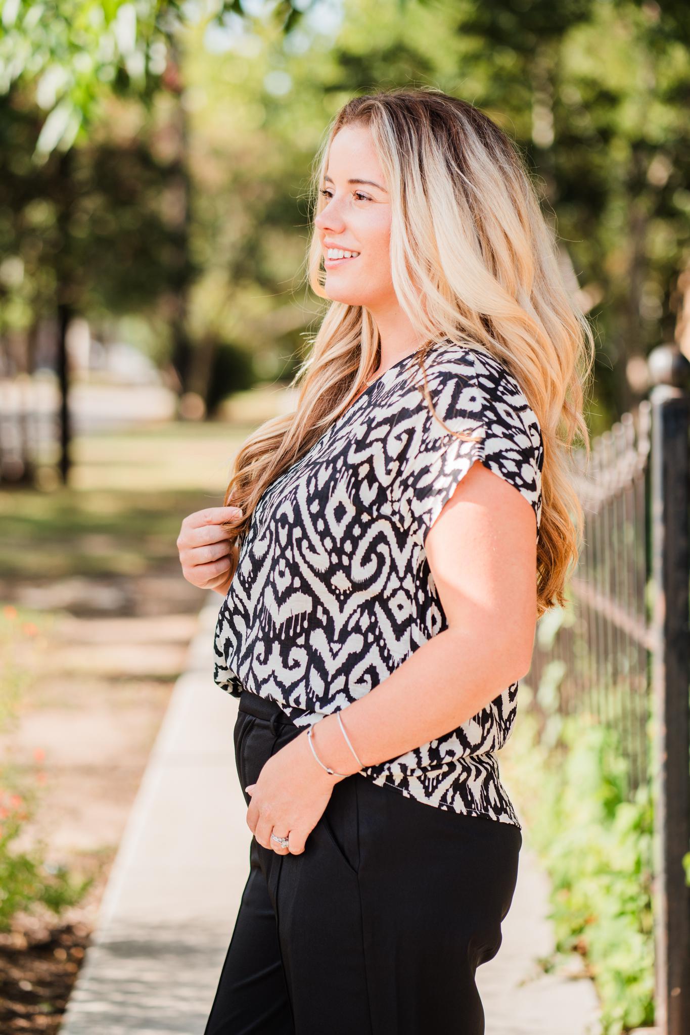 Black Drop Shoulder V-Neck Print Woven Top