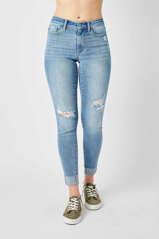 Mid Rise Destroyed Cuff Skinny Jean by Judy Blue