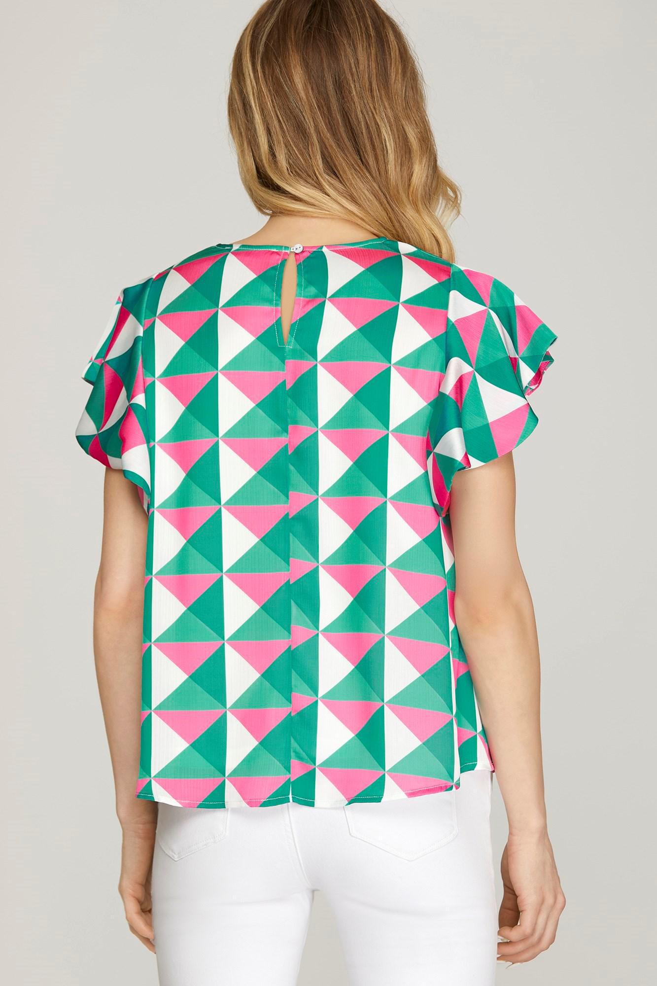 Green & Pink Flutter Sleeve Woven Top