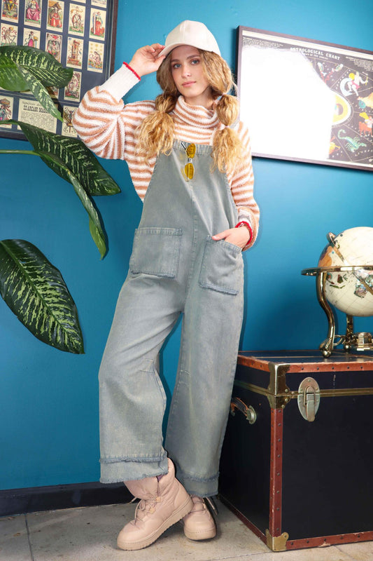 Grey Blue Washed Cotton Twill Solid Overall Jumpsuit by Very J